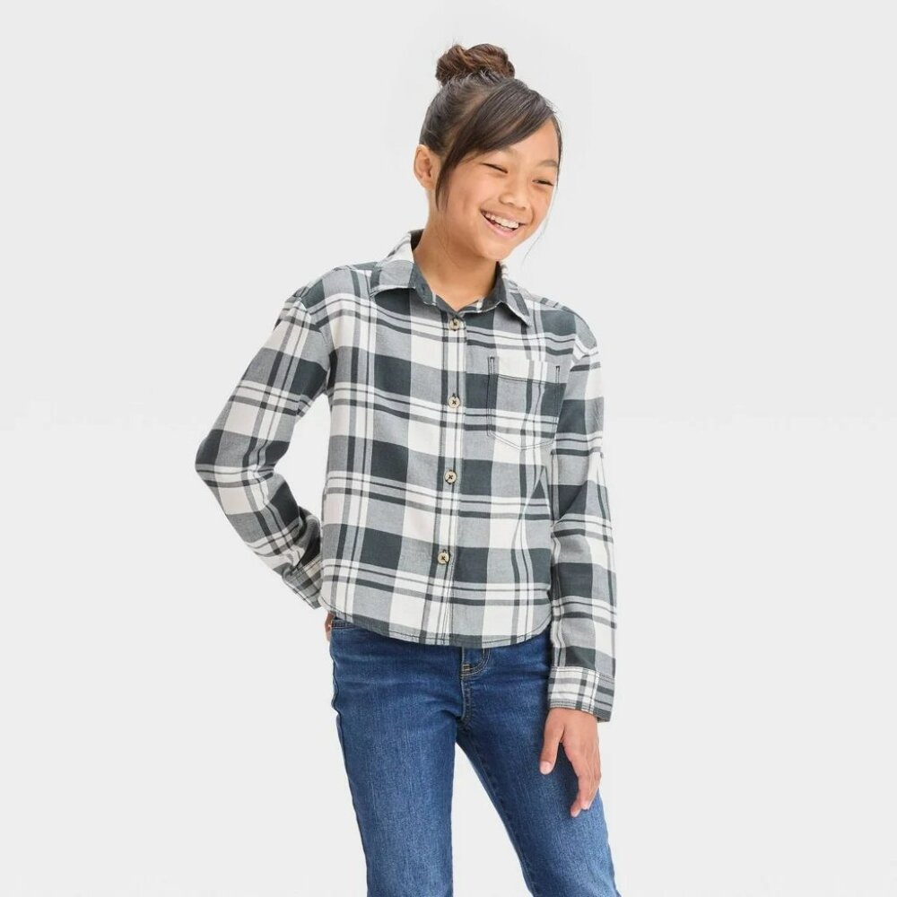 XL 14 / 16 Girls' Flannel Long Sleeve Button Down Woven Top Shirt Charcoal Gray